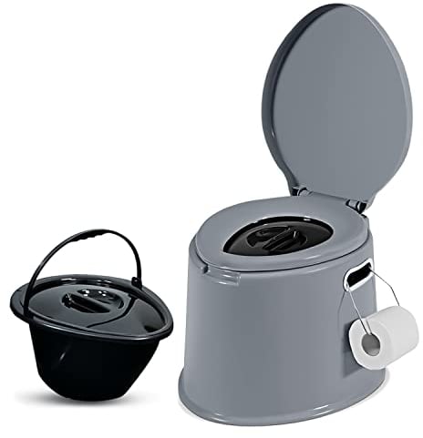 Denny International Large 6L Compact Portable Toilet, High Density Polyethylene, Potty Loo with Washable Basket and Toilet Roll Holder for Pool Party Camping Caravan Picnic & Festivals (Grey)
