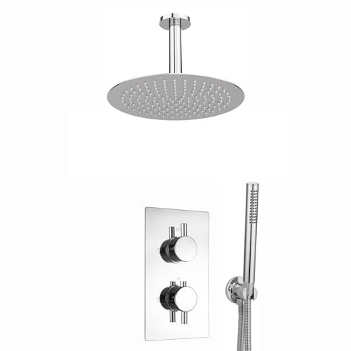 ENKI, Naples, SH0044, Contemporary Cross Concealed Thermostatic Shower Set Incl. Twin Valve, Ceiling Fixed 8 Shower Head, Handshower Kit - Chrome (2 Outlet)
