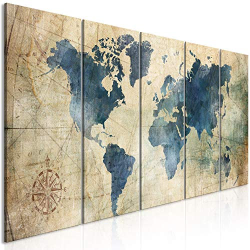 murando - Wandbilder XXL Weltkarte 150x60cm 5 tlg - Wand Deko Leinwand Bilder Groß Wanddeko Wohnzimmer Schlafzimmer Kunstdrucke - Windrose Karte Nautisch k-A-0415-b-m