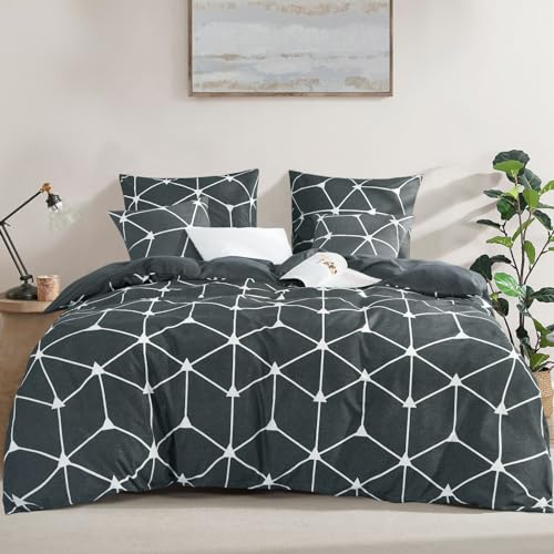 RUIKASI Bettwäsche 220x240 3 teilig Anthrazit - Bettbezug 220 x 240 Set mit Geometrie Muster, Bettwäsche-Set 240x220 aus Mikrofaser mit Reißverschluss Weich und Bügelfrei