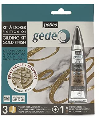PEBEO 766596 Vergoldungs-Relief-Gemisch-Set, 20 ml + 3 Goldfarbene Spiegeleffekt-Blätter, Holz Metall, gold, 3 foils, 3 stück