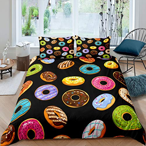 Loussiesd Donuts Bettbezug Set für Mädchen Jungen Kinder Schokolade Donut Betten Set Dekorative Sweet Dessert Drucken Bettwäsche Set 135x200cm Bright Bunt 2St