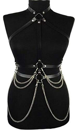 cdhgsh Womens Punk Kunstleder Taillengürtel Neckholder Neck Body Brustgurt mit Chain Chest Harness Schwarz