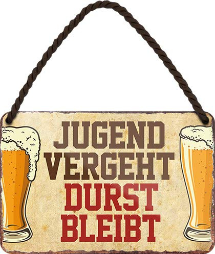 schilderkreis24 Blechschild „Bier & Sprüche“ 18×12 cm – lustige Geschenkidee für Bierliebhaber (Jugend vergeht Durst bleibt)