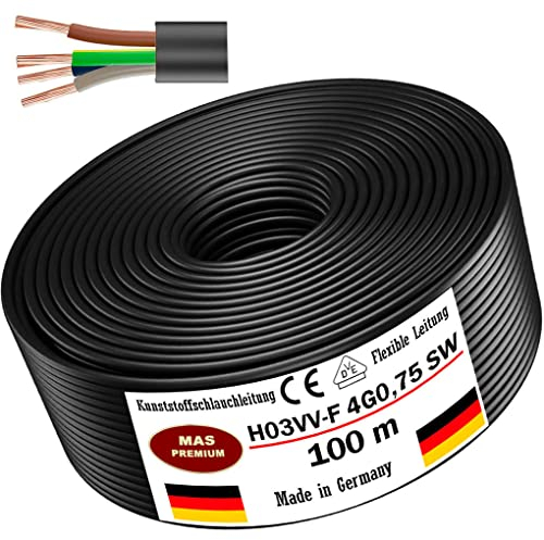 MAS Premium Von 5 bis 100m Kunststoffschlauchleitung H03VV-F 2X0,5, 2X0,75, 3G0,75 oder 4G0,75 Flexible Leitung Kabel Gerätekabel (H03VV-F 4G0,75 SW, 100m)