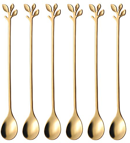 AnSaw 6-Piece Elegant Gold Leaf Long Handle Teaspoons - 7.4 Stainless Steel Stir Spoons for Coffee & Tea, Perfect for Mixing & Stirring