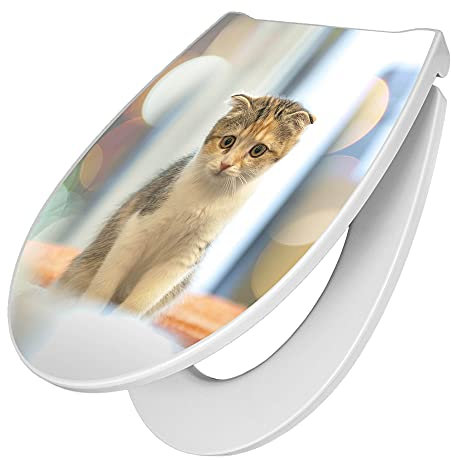 banjado Premium Toilettendeckel mit Absenkautomatik 45x38,4cm / WC Brille Soft Close/hygienischer Toilettendeckel/Klodeckel Duroplast mit Edelstahl Scharnier/Motiv Kleine Katze