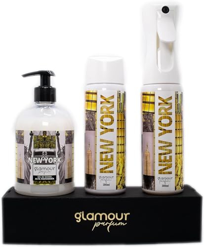 GLAMOUR PARFUM - Pack Ambientador Textil + Recambio 300 ml + Jabón de Manos 500 ml - Ambientador Hogar New York - Aroma Amaderado, Dulce y Fresco - para Pulverizar en la Cama o en Cortinas
