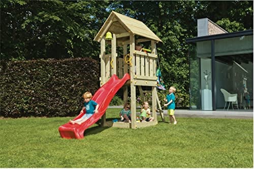 Gartenwelt Riegelsberger Spielturm Kiosk aus naturbelassenem Lärchenholz B105 x T105 x H325 cm mit Wellenrutsche BLAU Sandkasten Bodenanker Leiter und Griffe
