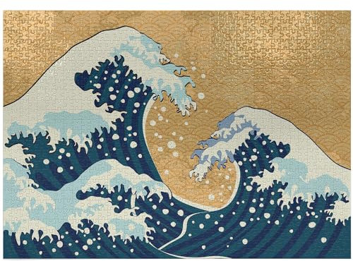 ABAKUHAUS Japanese Wave Jigsaw Puzzle, Sea Storm in Japan Traditional Drawing Foamy Waves, Heirloom-Quality Fun Activity for Family Durable Cardboard, 1000 pcs, Earth Yellow Dark Blue