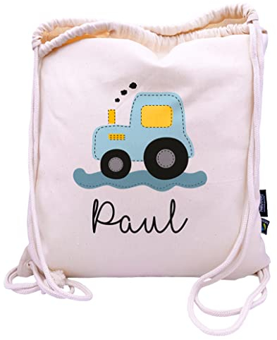 Bio Turnbeutel mit Namen personalisiert & Bedruckt | Motiv Traktor Blau | Stoffbeutel Schuhbeutel Sportbeutel Wäschebeutel Rucksack für Kinder Jungen & Mädchen | inkl. NAMENSDRUCK
