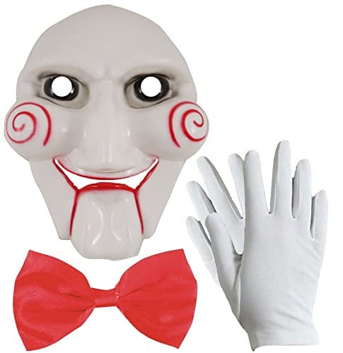 labreeze 3 Piece Scary Puppet Set Jigsaw Mask Red Bow Tie Gloves Halloween Horror Party Set