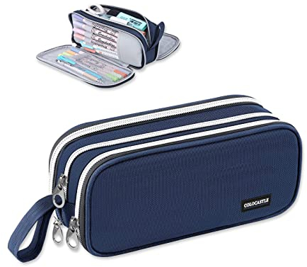 COLOCASTLE Federmäppchen Mäppchen Federmappe groß mit 3 Fächern Federtasche Mädchen Jungen Teenager Pencil Case Schlamppermäppchen für Schule Büro (Dunkelblau)