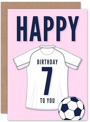 Artery8 Soccer Football 7th Birthday Card for Boys Girls White Jersey Football Top on Pink Background
