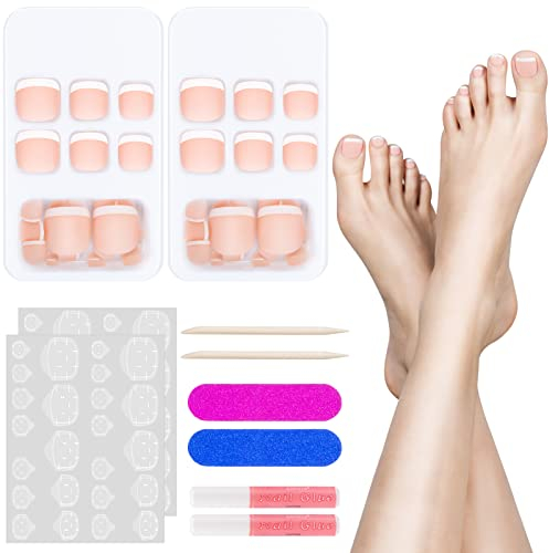 Kiiwah Faux Ongles Pied Mate Rose in 12 Tailles, Faux Ongles d'Orteil Court de Couverture Complète, 48pcs French Manucure Court pour Pieds, French Capsule Ongle Pied pour Femme Fille Manucure