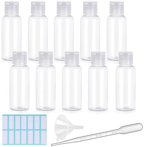 SKYPRO Lot de 10 flacons de Voyage vides en Plastique Transparent avec Bouchon à Rabat, conteneurs Portables Rechargeables avec Pipette, Entonnoir et étiquettes, pour shampooing, cosmétiques