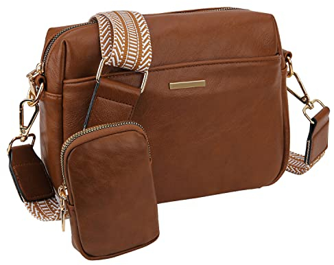 VX VONXURY Damen Umhängetasche, Klein Veganem Leder Crossbody Bag Schultertasche mit Breiten Gurten, Braun