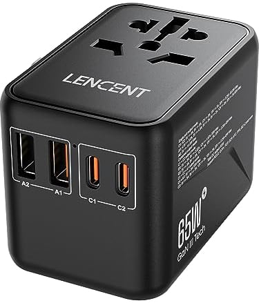 LENCENT Adaptateur de Voyage Universel Chargeur International GaN3 65W avec 2 QC4,0 USB-A et 2 PD3,0 Type C PPS Charge Rapide Adaptateur de Prise européen Mondial vers US UK EU AUS Noir