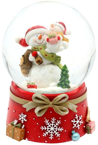 Dekohelden24 Schneekugel Schneemann Familie auf weihnachtlichen Sockel mit Spielwerk, Melodie: Leise rieselt der Schnee, L/B/H/Ø Kugel 10 x 10 x 15 cm Ø 10 cm.