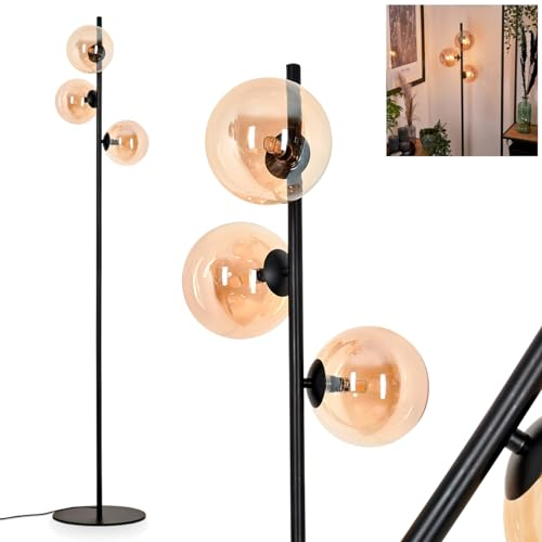 Stehleuchte Remaisnil, Stehlampe aus Metall/Glas in Schwarz/Bernsteinfarben, Standlampe im Retro/Vintage-Design mit Schirmen aus Glas (Ø 15 cm) u. Fußsschalter, Höhe 159cm, 3 x G9, ohne Leuchtmittel
