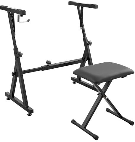 VEVOR Supporto per Tastiera di Pianoforte Elettrico di Stile Z con Sedia, Supporto per Tastiera a 54-88 Tasti Capacità Carico max. 113kg ca. Larghezza Altezza Regolabile, Supporto a Rotelle Forma Z