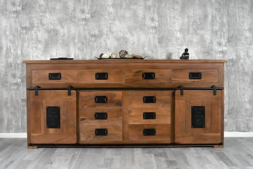 SAM Sideboard Libro III, Akazienholz massiv + nussbaumfarben, Kommode mit 2 Holzschiebetüren, 10 Schubladen & 2 offenen Fächern, Türelemente, Griffe & Reling aus Eisen, 200 x 90 x 45 cm