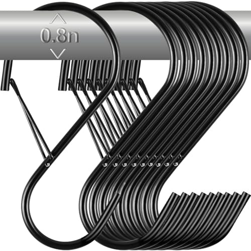 Large S Hooks for Hanging Plants with Safety Buckle- Heavy Duty Solid Metal Steel Black S Shaped Closet Hooks for Hanging Plants, Kitchen Utensils, Jeans, Bags, Pots, 4 inch, Fit most of Rod (12)