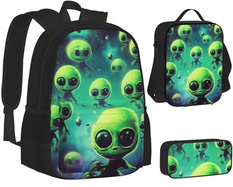 ZHONGSK Green Aliens – Schultasche + Federmäppchen + Lunchtasche Kombination, 3-in-1-Rucksack-Set, wasserabweisend, langlebig, Büchertasche für Studenten, Kinder, Teenager, Mädchen und Jungen, Schwarz