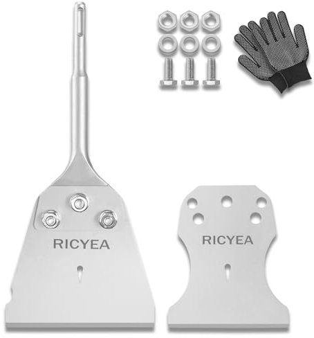 Ricyea Burin à mastic SDS-Plus 270 x 100 mm, burin à carrelage avec lame de rechange de 76 mm, vis et gants, SDS Plus, burin plat pour enlever tapis, peinture, sol et PVC