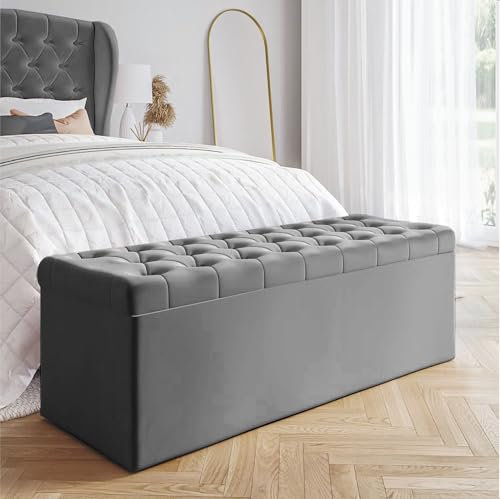 AZ Interiors Royal Furniture 90cm Wide Chesterfield Ottoman Storage Bench, Plush Velvet Bench with Storage, End of Bed Bench, Velvet Upholstered Coffee Table, Entryway Bench (Steel Velvet)