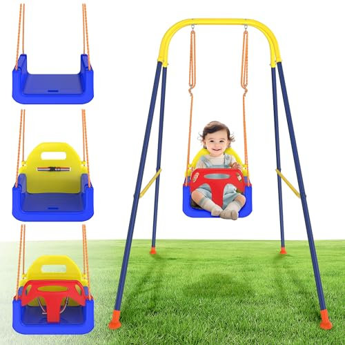 FIVMEN Columpio para bebé para exteriores e interiores, altura regulable 3 en 1, con asiento de columpio extraíble y estructura de columpio para bebés de 6 a 36 meses
