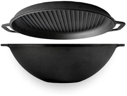 BRIZOLL 8L Cast Iron Wok with Grill Skillet Lid | 36cm Pre-Seasoned Multi-Functional Cookware for Plov, Stews, and Stir-Fries
