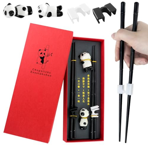 Zouboto 2 Pairs Chopsticks Set,Reusable Chopsticks with Ceramic Cute Panda Rest and Chopstick Helper Dishwasher Safe,Non-Slip Chopstick Gift Set for Asian Dishes Sushi Noodles