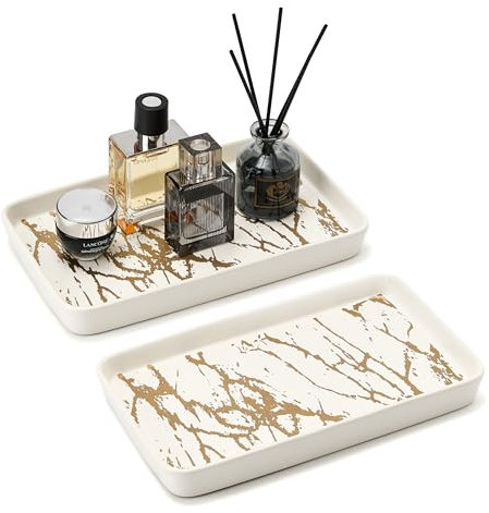 Pottify Bathroom Vanity Tray for Countertop,2PC Rectangle Marble Tray Set,Decorative Bathroom Organizer for Scrubber, Lotion Bottles, Perfume, Jewelry, Candle, Key Trinket Ring（Large,White）