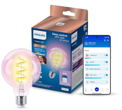Philips Smart Lighting, Smart LED RGB G95-Filamentlampe, E27-Sockel, 470 lm, Farbe und Einstellbares Weißlicht 2.200–6.500 K, Niedrig Dimmbar, Connected by WiZ, Alexa, Google Home, Apple Home