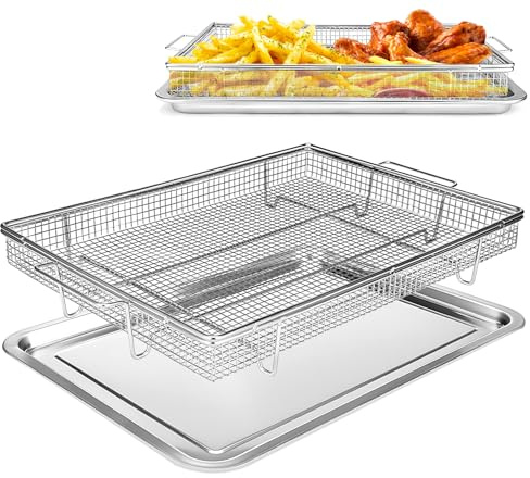 Upgrade Air Fryer Basket for Oven, 2 Pieces 15 x 11 Large Air Fryer Tray Stainless Steel Air Fryer Pan Rack Air Fryer Basket and Tray for Oven Cooking Baking and Broiling, Dishwasher Safe