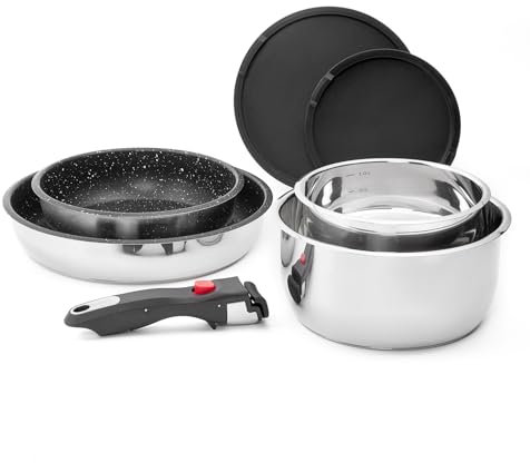 ROSSETTO Batterie de cuisine 7 pièces induction inox poele Set de casseroles avec poignées amovibles, poêle antiadhésive sans PFAS de 20/26 cm et casserole de 16/20 cm, résistante au four