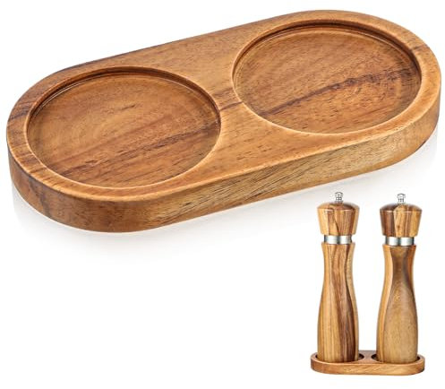 Salt and Pepper Tray, Beech Salt and Pepper Mill Holder (Inner Dia 2.5 Inch) Wood Condiment Grinder Tray for Home Dining Kitchen Mills, Shakers Storage Holder