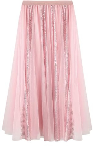 SPFASZEIV Gonna Lunga in Tulle con Paillettes per Donne Brillante a Linea A Gonna Midi con Glitter Outfit Casual Feste Festival Taglia Unica