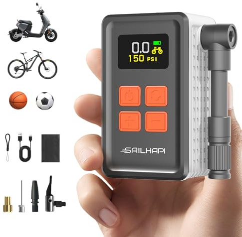 SAILHAPI Mini Bike Tire Pump (150PSI Fast Inflation with Guage) (Presta and Schrader Valve) Portable Electric Air Pump for Road and Mountain Bicycle, E-Bike, Motorcycle, Sports Ball