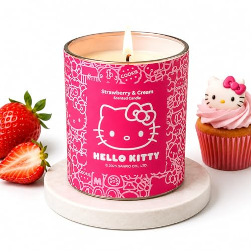 Hello Kitty Scented Candle – 213g 1-Wick Decorative Candle – Fruity, Floral & Bakery-Inspired Scents –35 Hours Long Burning Time - Candles Gifts for Women (Strawberry & Cream)