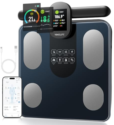 YINOLIFE Waage für Körpergewicht, 8 Elektroden, intelligente Personenwaage mit BMI Körperfett, Muskelmasse 28 Ganzkörperzusammensetzung, hochpräzise digitale Gewichtswaage mit Griffanzeige