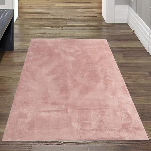 Teppich-Traum Teppich Wohnzimmer Schlafzimmer Flur Kurzflorteppich Hasenfell Kunstfell Optik seidig weich samtig glänzend pflegeleicht hochwertig einfarbig rosa 80 x 150 cm