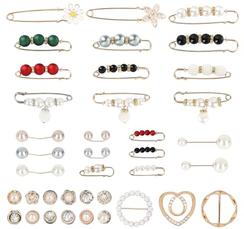 38 Stück Broschen für Kleidung, Elegant Perlen Brosche Damen mit Knöpfe und Gürtelschnalle Damen, Multi-Size Broschennadeln Set, Knöpfe Ohne Nähen für Kleidung, Hosen, Taille, Kragen