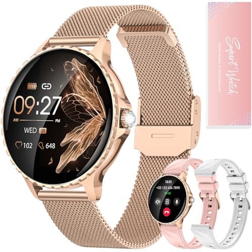 Reloj Inteligente Mujer con Llamadas, 1.27 HD Smartwatch 3 Correas, Diseño Diamante, 200+ Esferas Frecuencia Cardíaca SpO2 Sueño Ciclo Menstrual, 113 Modos Deportivos Android iOS Oro (Caja de Regalo)