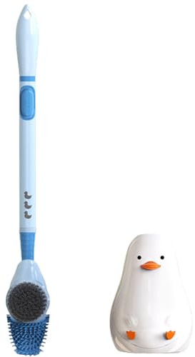 Blue Duck Shape Toilet Brush with Refillable Liquid Storage Bottle, Three-Sided Long Handle Creative Wall Mounted/Floor Toilet Brush and Holder Set