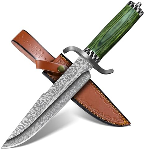 Purple Dragon Survival Messer mit Damaszener-Stil D2 Stahl Pakawood Griff | Scharfes Outdoor Feststehendes Messer mit Robuster Lederscheide für Camping, Angeln und Bushcraft