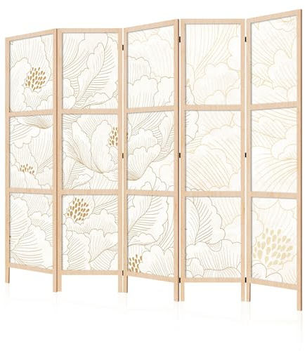 LUMASOUL Japanische Trennwand Paravent Raumteiler 225x172 cm Blumen | 5 teilig Dekorativ, Shoji-Stil, faltbar, freistehend, als Sichtschutz für Wohnräume