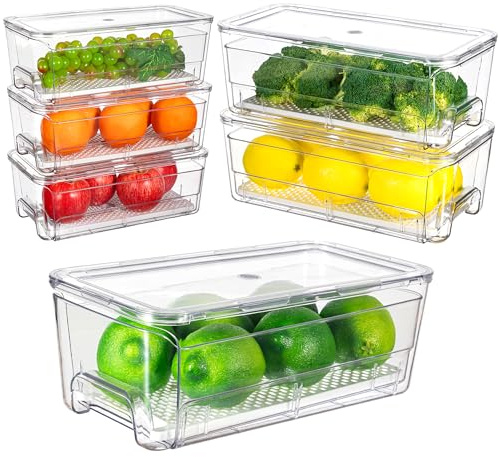 Imncya 6 Pack Stackable Pull-Out Fridge Organizer Drawers, Clear Refrigerator Drawer with Lids, Fridge Stackable Storage Drawers for Veggies, Fruits, Food Storage and Organizer
