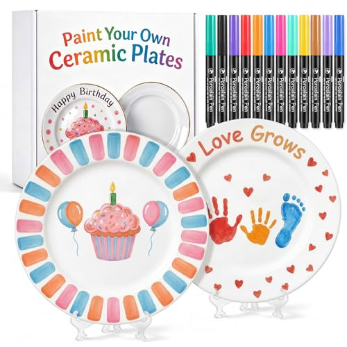 Sinmoe Set di Pittura Ceramica DIY 2 Piatti in Ceramica Vassoio da Portata Bianco 12 Penne in Porcellana per Lavastoviglie 2 Espositori e 1 Scatola Regalo per Pasqua Coppie Amici Famiglie(Rotondo)